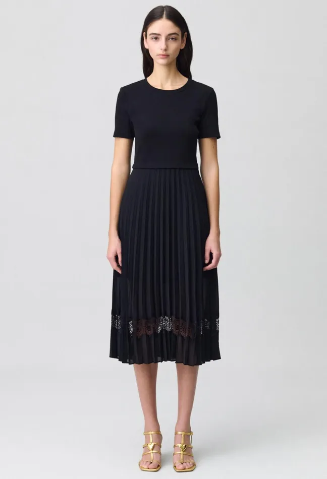 Claudie Pierlot Twist Black BiMaterial Midi Dress Women Dresses