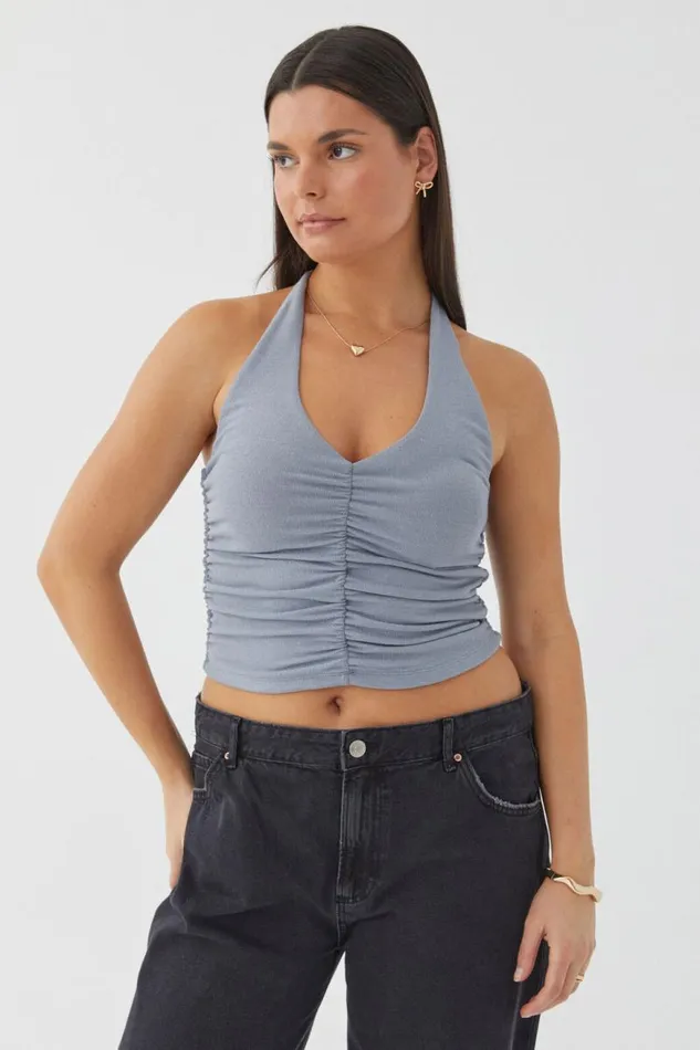Clothing Supr Going Out Tops Rami Ruched Halter Top Blue Grey