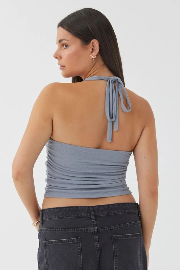 Clothing Supr Going Out Tops Rami Ruched Halter Top Blue Grey
