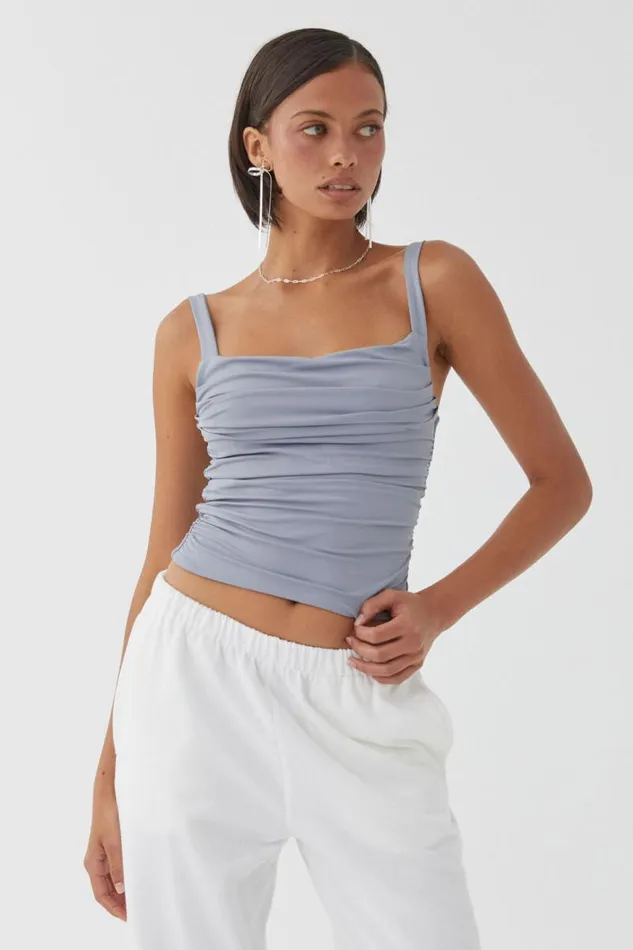 Clothing Supr Luxe Essentials Luxe Ruched Sleeveless Top Blue Grey