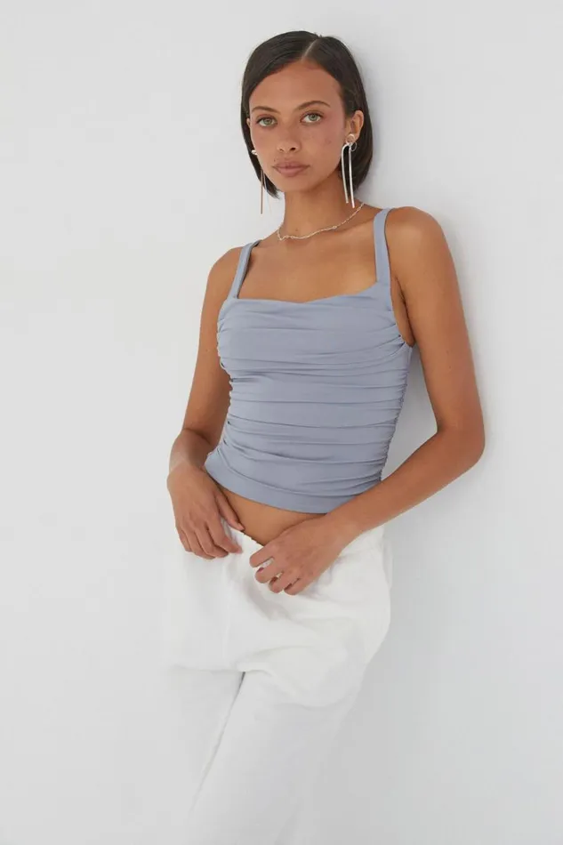 Clothing Supr Luxe Essentials Luxe Ruched Sleeveless Top Blue Grey