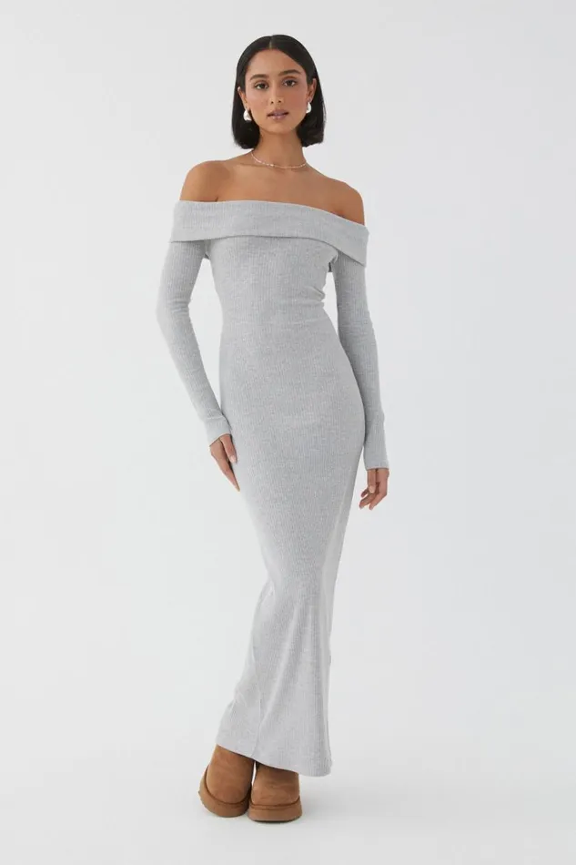 Clothing Supr Maxi Dresses Chelsea Off The Shoulder Maxi Dress Grey Marle