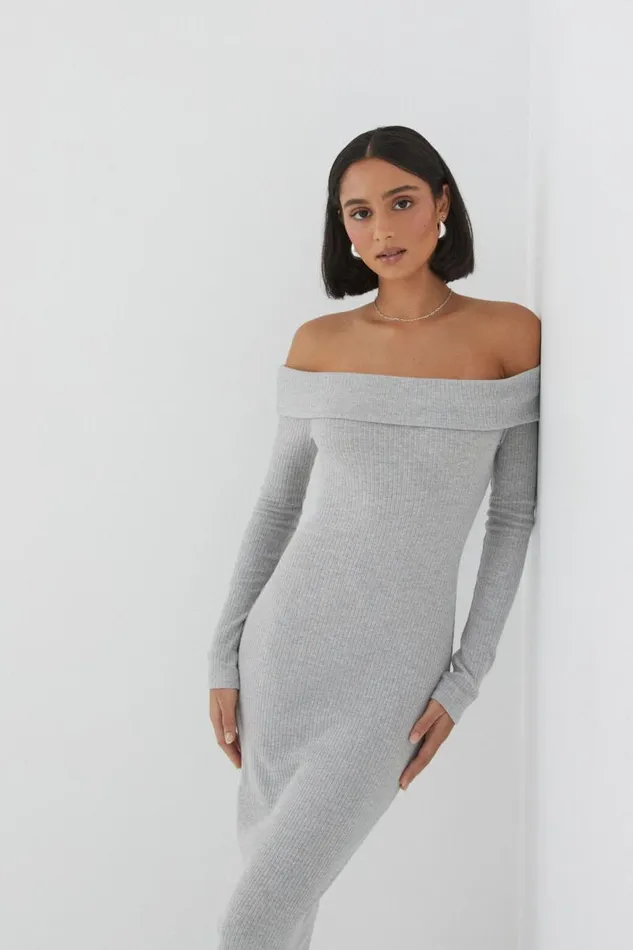 Clothing Supr Maxi Dresses Chelsea Off The Shoulder Maxi Dress Grey Marle