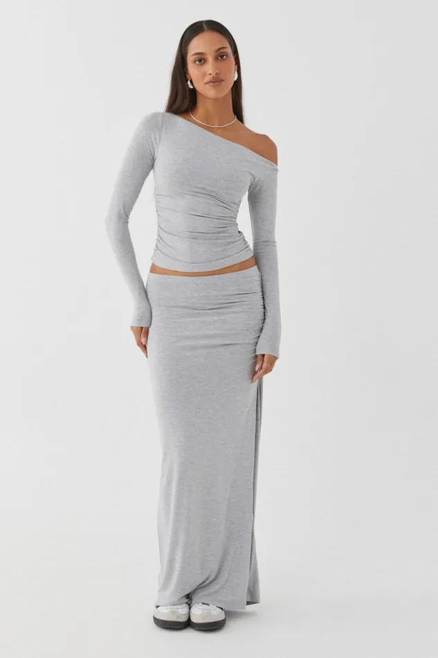 Clothing Supr Skirts Soft Ruched Split Maxi Skirt Grey Marle