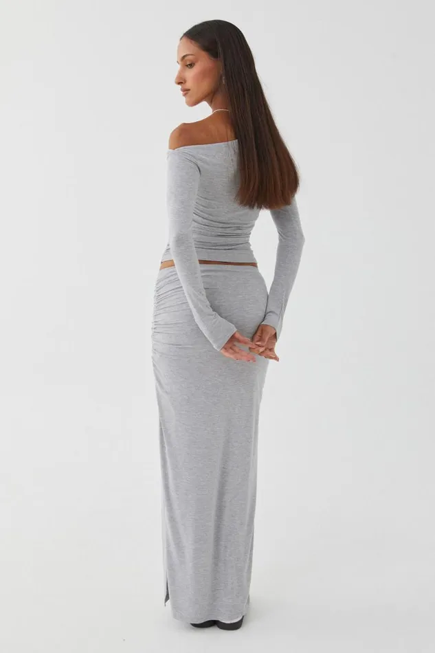 Clothing Supr Skirts Soft Ruched Split Maxi Skirt Grey Marle