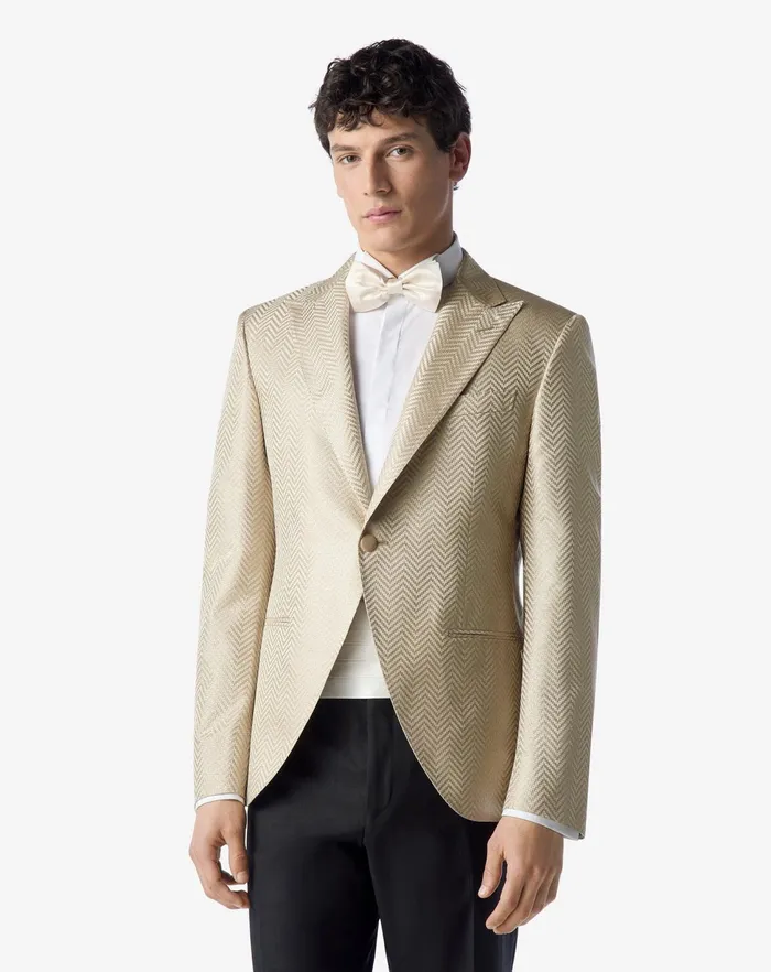 Corneliani Jackets Beige Optical Chevron Pure Silk Jacket 8211 Men