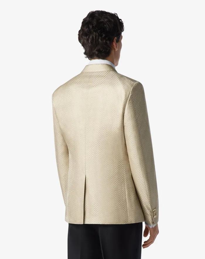 Corneliani Jackets Beige Optical Chevron Pure Silk Jacket 8211 Men