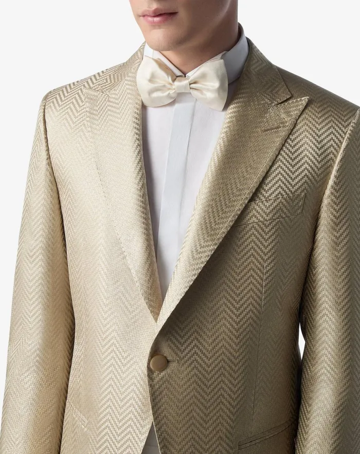 Corneliani Jackets Beige Optical Chevron Pure Silk Jacket 8211 Men