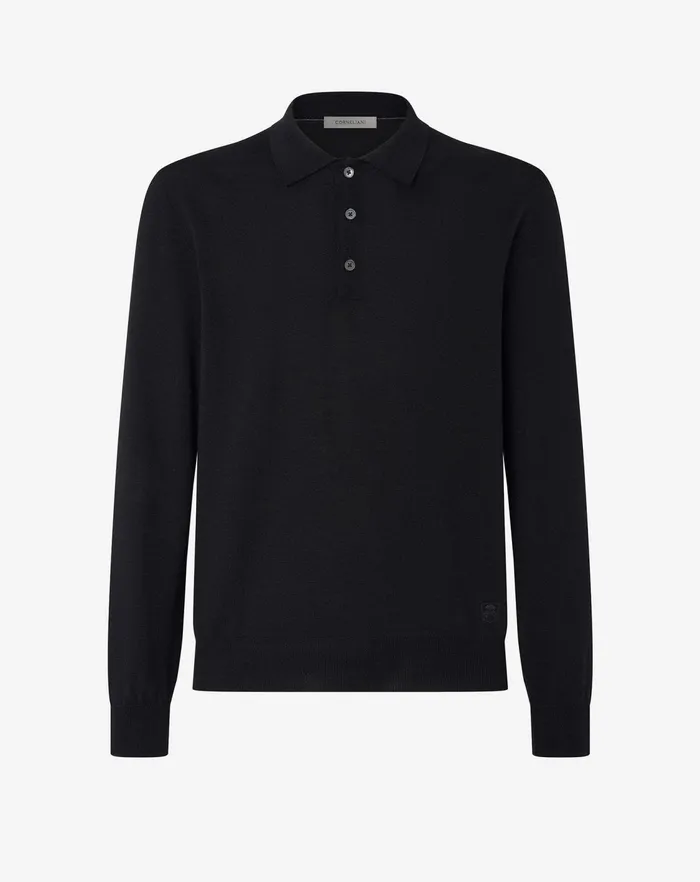Corneliani Polos and TShirts Black Extra Fine Merino Wool Buttonup Polo Shirt For Men 8211 Men