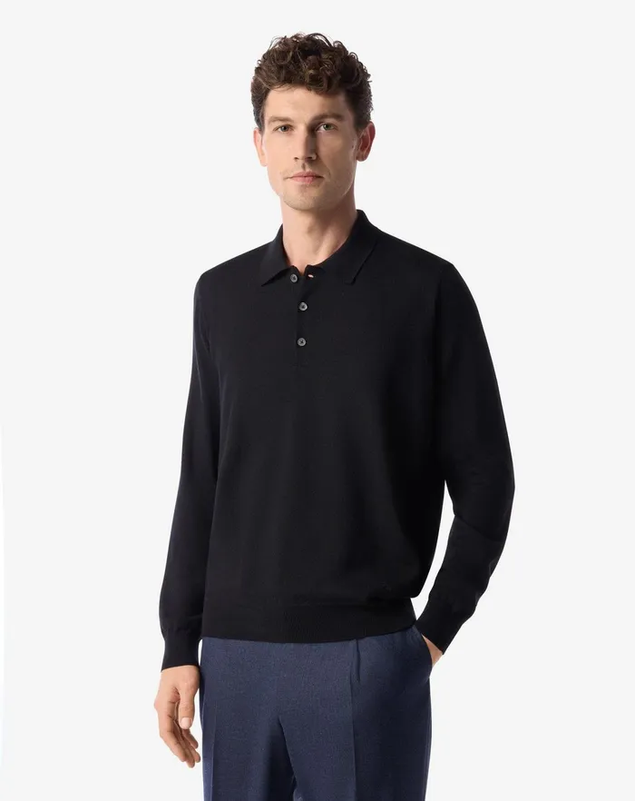 Corneliani Polos and TShirts Black Extra Fine Merino Wool Buttonup Polo Shirt For Men 8211 Men