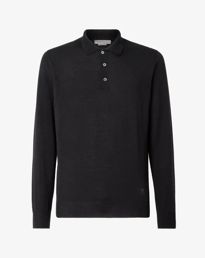 Corneliani Polos and TShirts Merino Wool Black Polo For Men 8211 Men