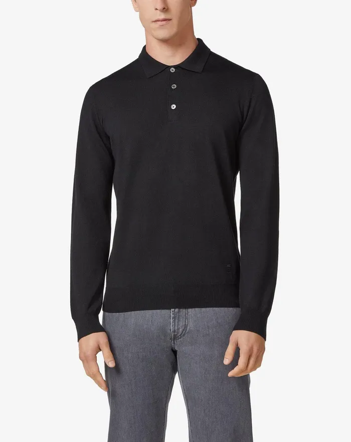 Corneliani Polos and TShirts Merino Wool Black Polo For Men 8211 Men