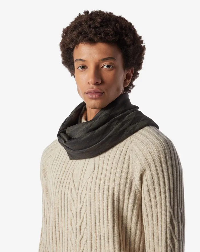 Corneliani Scarves And Hats Green Wool And Modal Scarf With Geometric Pattern And Logo 8211 Men