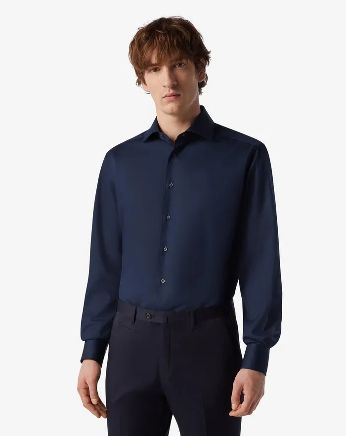 Corneliani Shirts Navy Blue Wrinklefree Cotton Twill Shirt 8211 Men