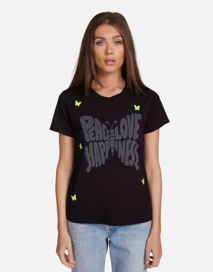 Croft Neon Peace Love Butterflies Black Women039s Lauren Moshi Short Sleeve