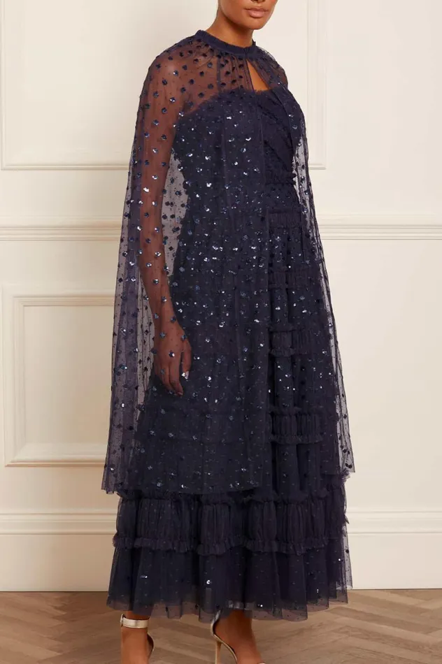 Dot Shimmer Open Midaxi Cape Blue Women Needle and Thread Capes