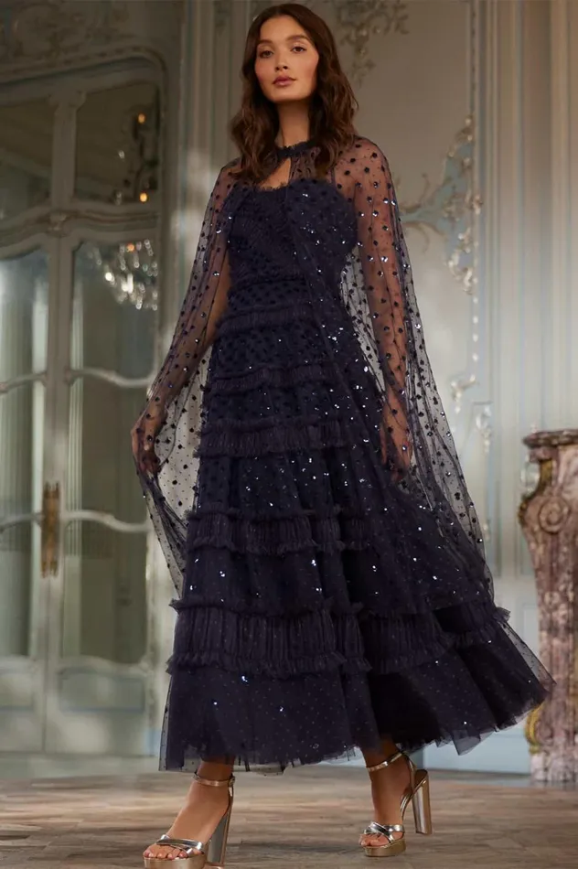 Dot Shimmer Open Midaxi Cape Blue Women Needle and Thread Capes