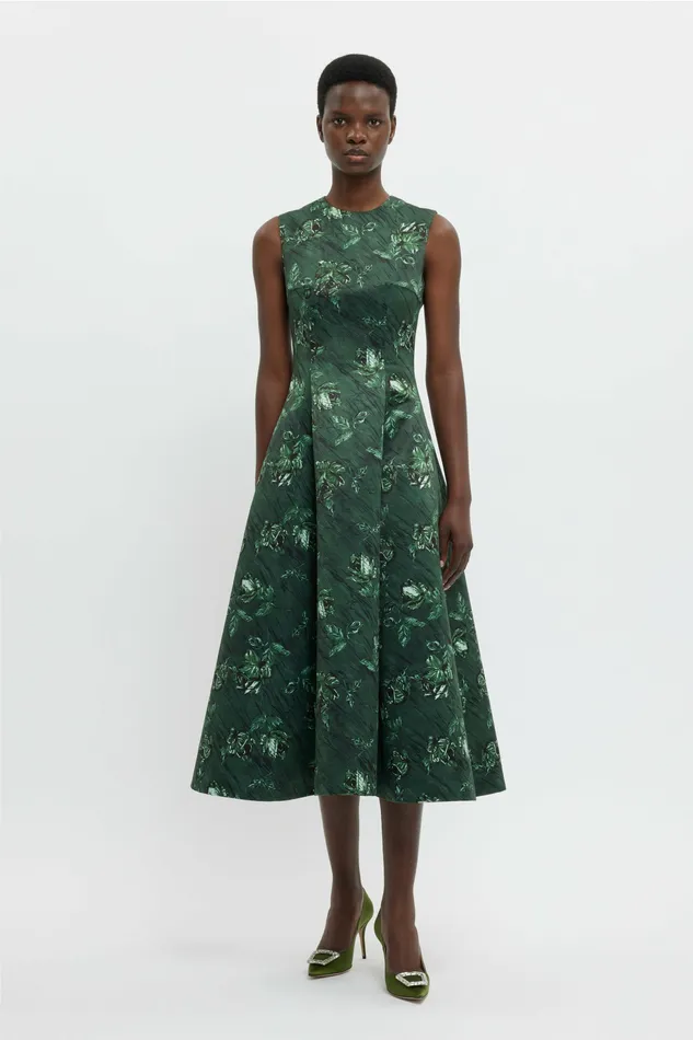 Dresses Mara Dress In Green Roses On Marble Print Taffeta Faille Emilia Wickstead Women