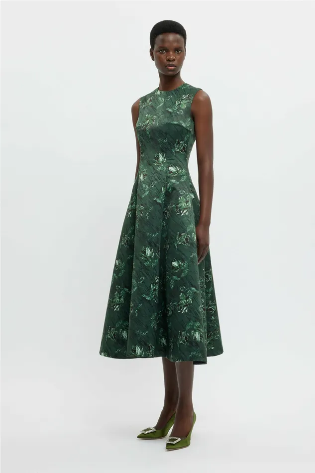 Dresses Mara Dress In Green Roses On Marble Print Taffeta Faille Emilia Wickstead Women