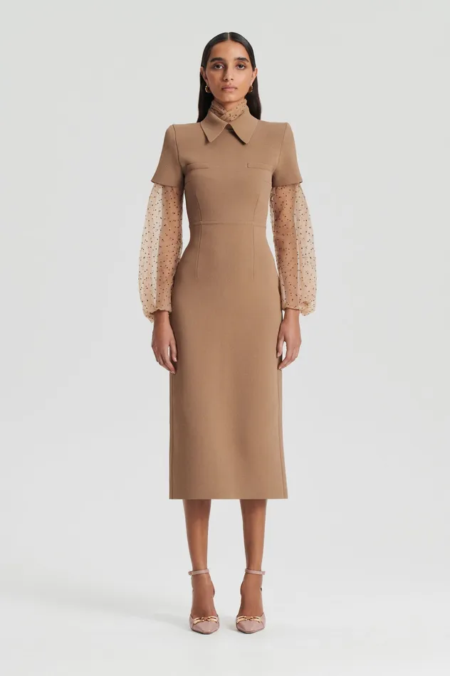 Dresses Scanlan Theodore Women CREPE KNIT COLLAR DRESS CAMEL