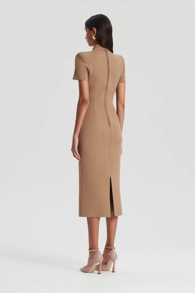 Dresses Scanlan Theodore Women CREPE KNIT COLLAR DRESS CAMEL