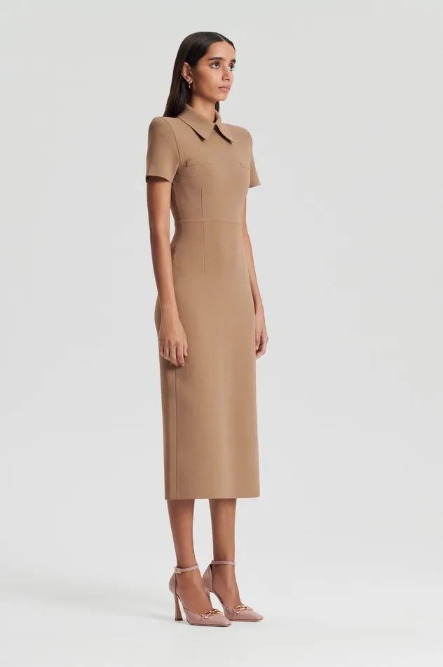Dresses Scanlan Theodore Women CREPE KNIT COLLAR DRESS CAMEL