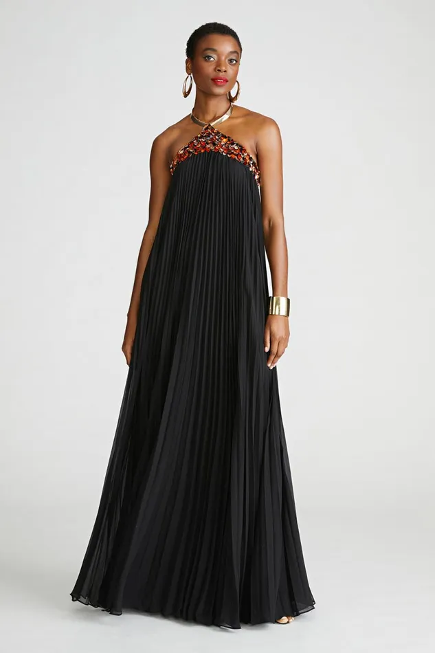 Dresses Women Halston Pythia Gown In Pleated Chiffon Black