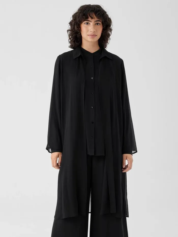 Eileen Fisher Extended Sizing 1X3X Crinkled Sheer Silk Classic Collar Jacket Black 8211 Shop