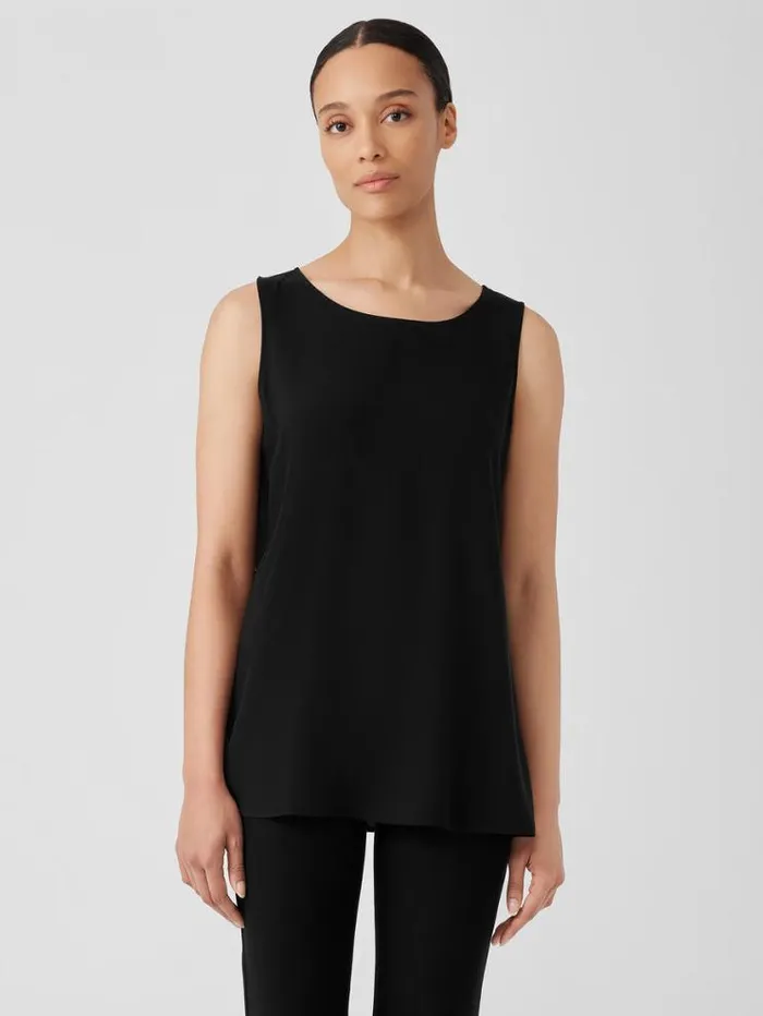 Eileen Fisher Petite Silk Georgette CrepeBallet Neck Long Tank Black 8211 Shop