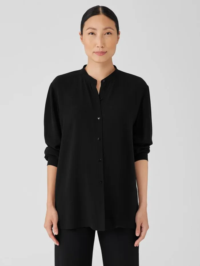 Eileen Fisher Tops and Tees Silk Georgette Crepe Mandarin Collar Shirt Black 8211 Shop