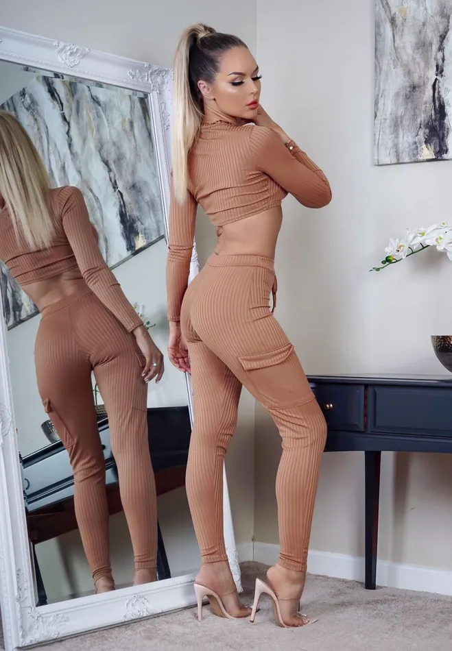 Emery Taupe Ribbed Cropped Top CoOrd Set Women Missfiga LoungewearTracksuits