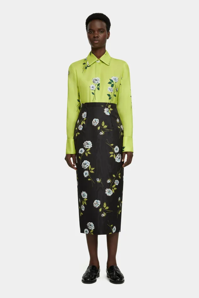 Emilia Wickstead Lorelei Skirt in Rose Stem Printed Moire on Black Women Skirts