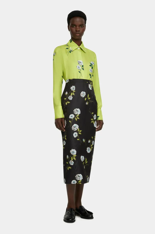Emilia Wickstead Lorelei Skirt in Rose Stem Printed Moire on Black Women Skirts