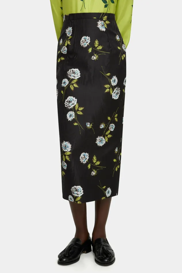 Emilia Wickstead Lorelei Skirt in Rose Stem Printed Moire on Black Women Skirts