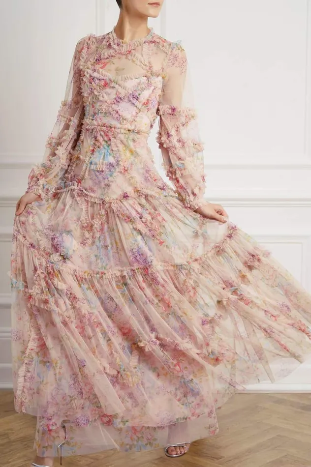 Floral Diamond Ruffle Gown Multi Women Needle and Thread Dresses