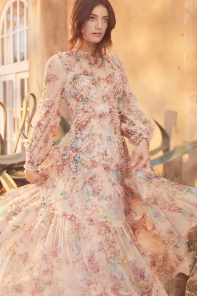 Floral Diamond Ruffle Gown Multi Women Needle and Thread Dresses
