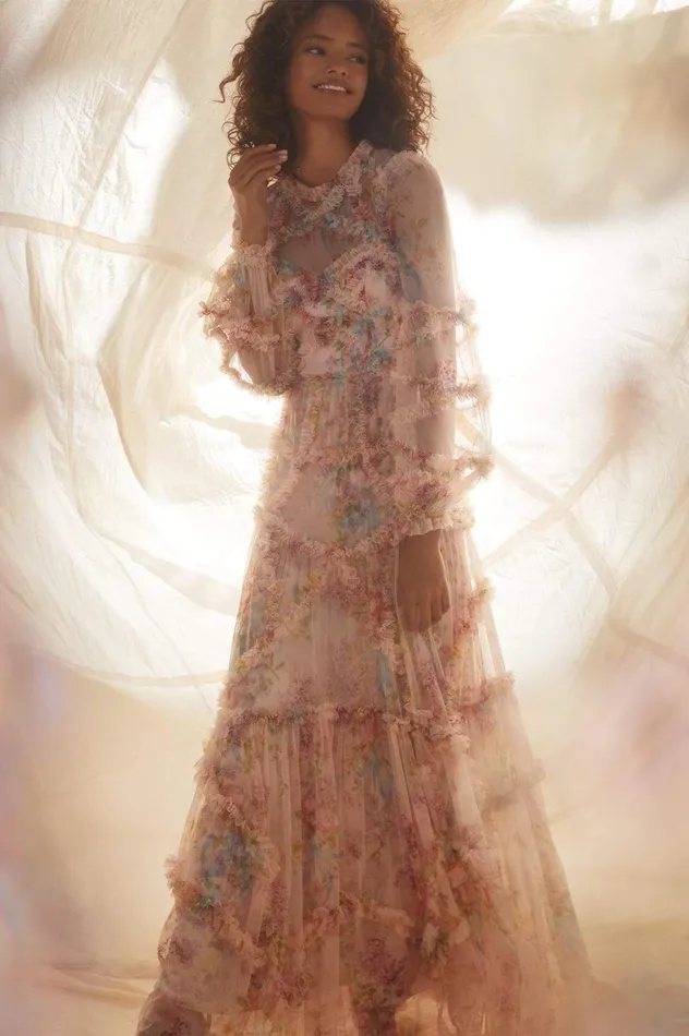 Floral Diamond Ruffle Gown Multi Women Needle and Thread Dresses