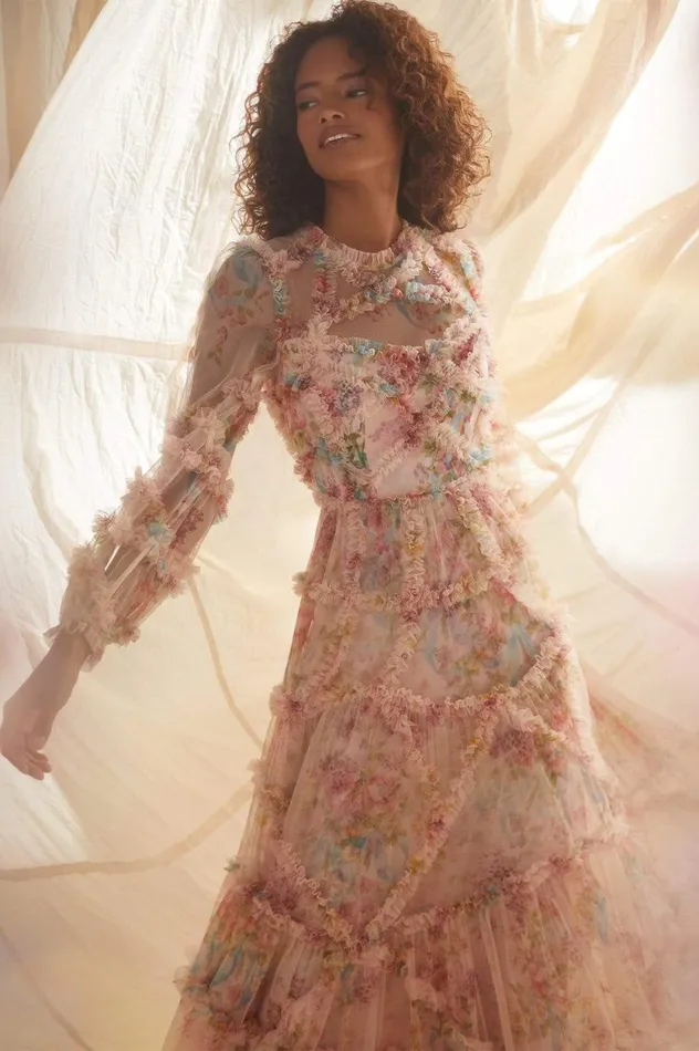 Floral Diamond Ruffle Gown Multi Women Needle and Thread Dresses