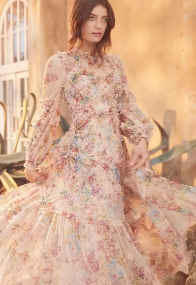 Floral Diamond Ruffle Gown Multi Women Needle and Thread Dresses