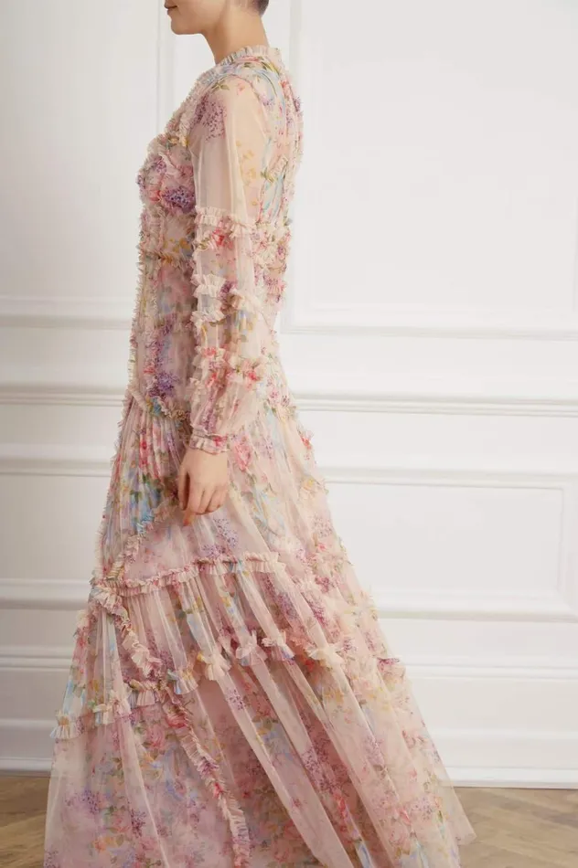 Floral Diamond Ruffle Gown Multi Women Needle and Thread Dresses