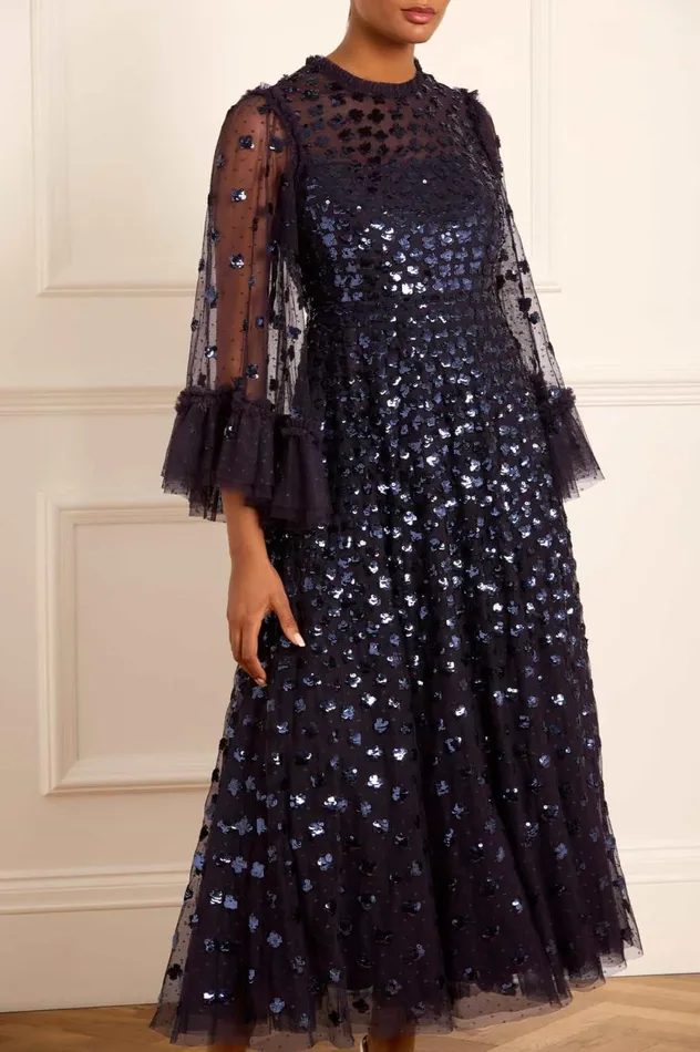 Glisten Long Sleeve Ankle Gown Blue Women Needle and Thread Dresses