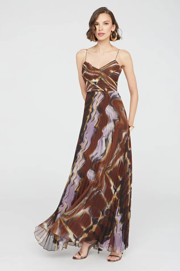 Gowns Women Halston Fosette Gown In Chiffon Earth Strata