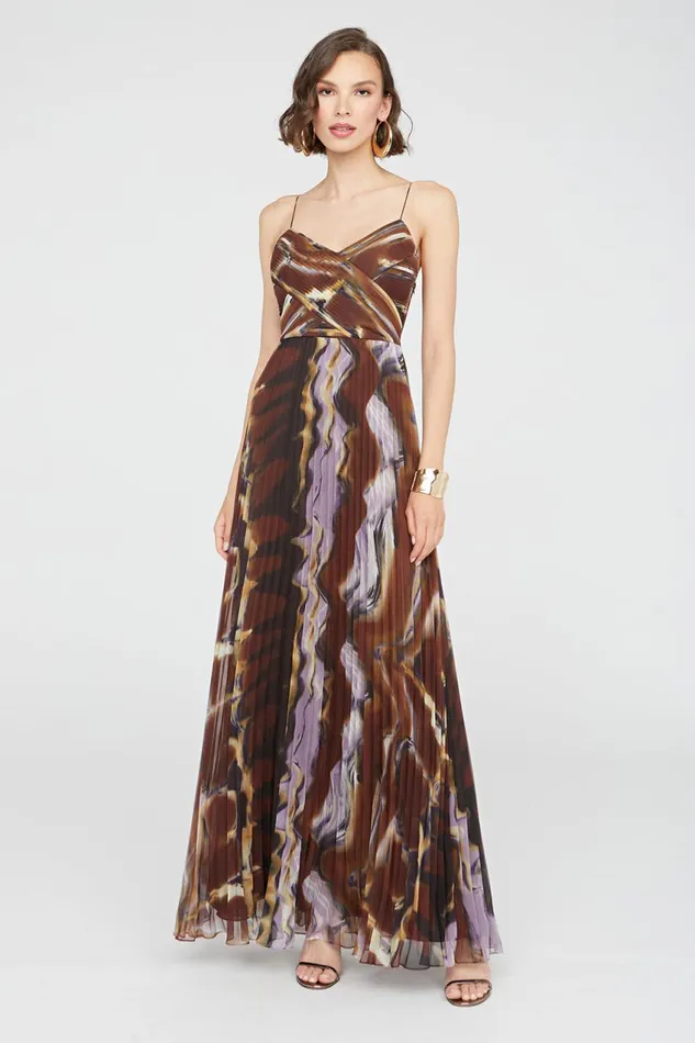 Gowns Women Halston Fosette Gown In Chiffon Earth Strata