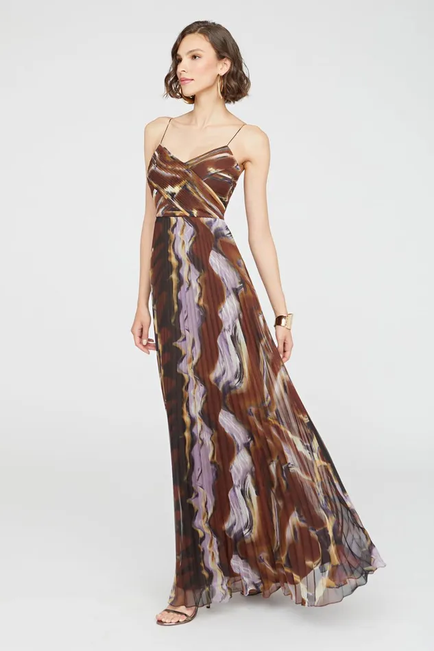 Gowns Women Halston Fosette Gown In Chiffon Earth Strata