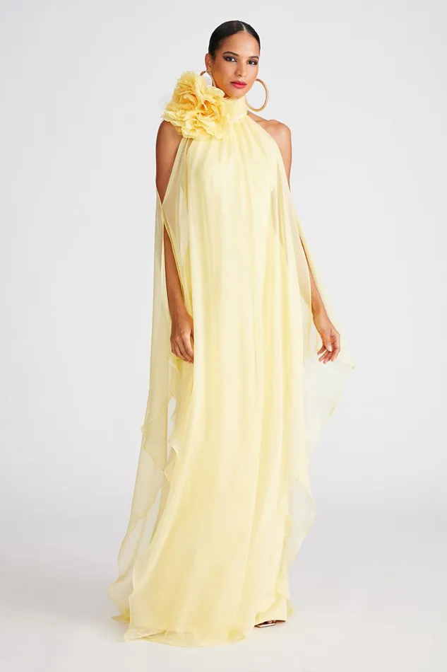 Gowns Women Halston Ginnie Gown In Crepe and Chiffon Buttermilk
