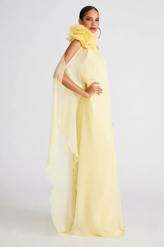 Gowns Women Halston Ginnie Gown In Crepe and Chiffon Buttermilk