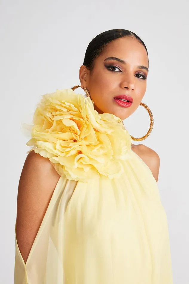Gowns Women Halston Ginnie Gown In Crepe and Chiffon Buttermilk
