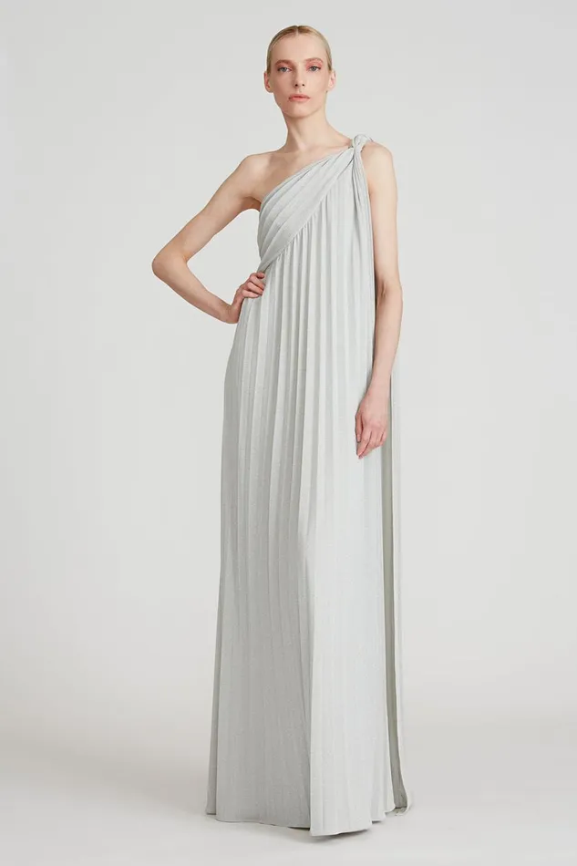 Gowns Women Halston Priya Knit Pleated Gown Silver