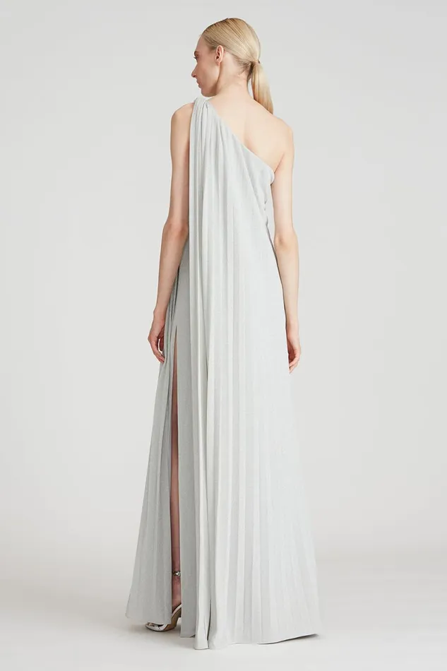 Gowns Women Halston Priya Knit Pleated Gown Silver
