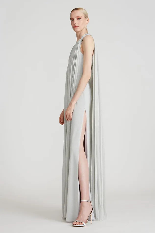 Gowns Women Halston Priya Knit Pleated Gown Silver